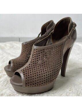 Yves Saint Laurent YSL Taupe Suede Perforated Platform Peep Toe Heels Size 36